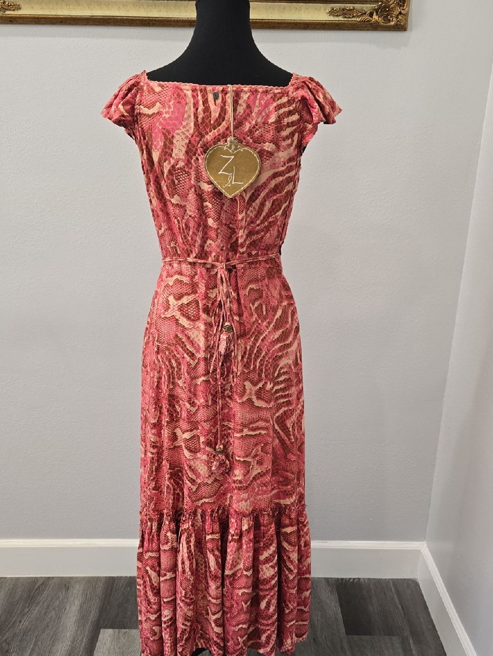 NWT Z&L Floral Pink High-Low Wrap Maxi Dress Ruffle Shoulder S - Picture 11 of 12